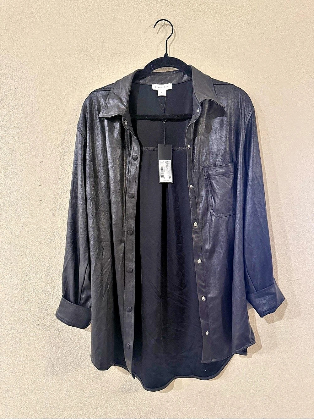 Mignon Faget Leather Button Front Shirt Jacket Black Size Small NWT